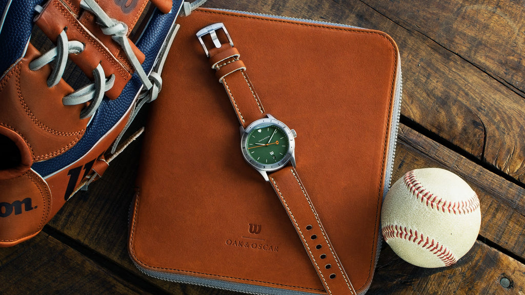 Oak & Oscar Ashland watch with a leather strap on a leather watch wallet