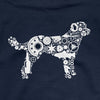 Close up of navy blue hoodie with a white mechanical dog design on a dark blue background